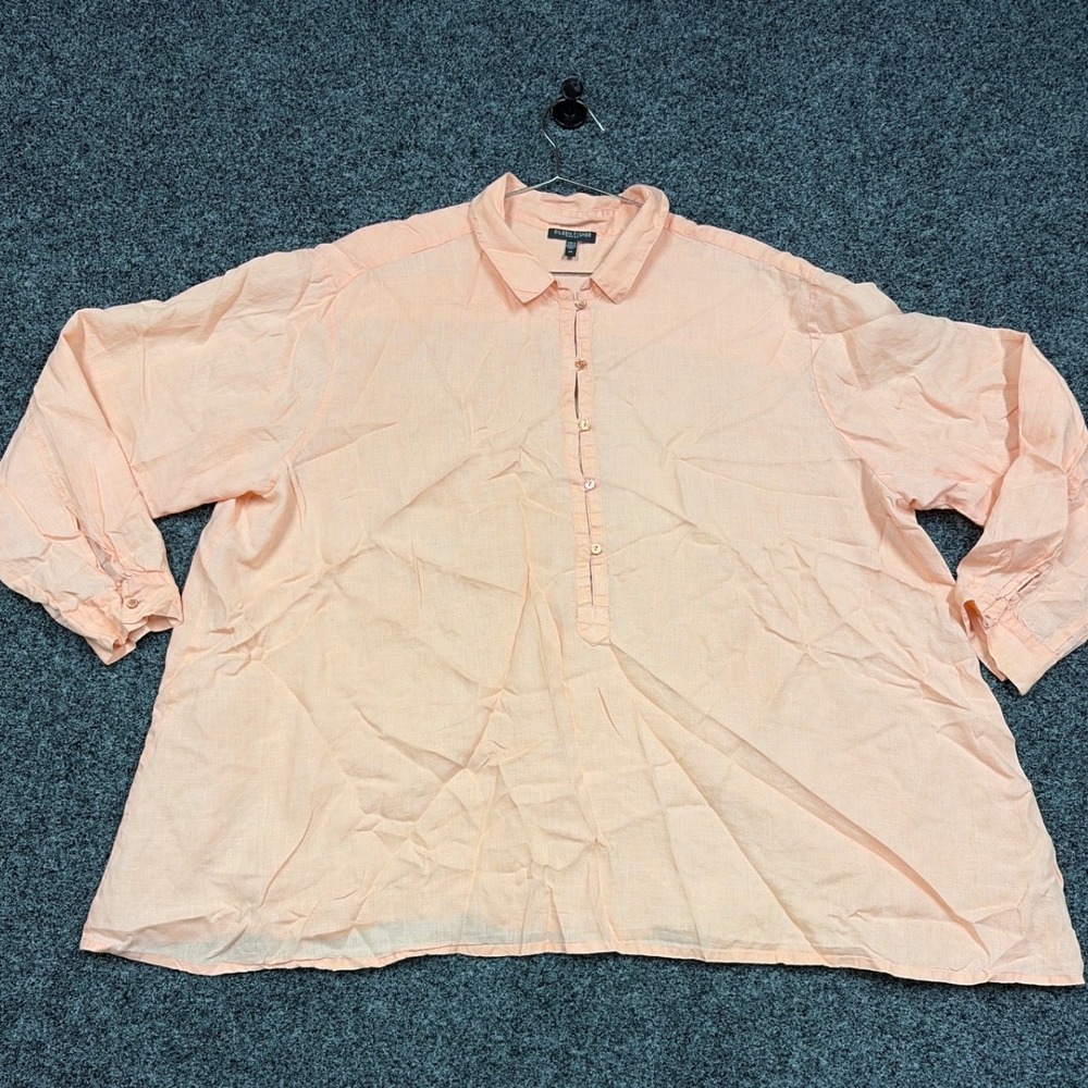 Eileen Fisher Top 2X Coral orange Irish Linen Button Long Sleeve Tunic Lagenlook